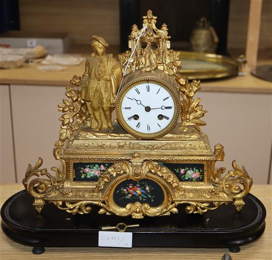 A 19th century French gilt spelter figural mantel clock height 32cm